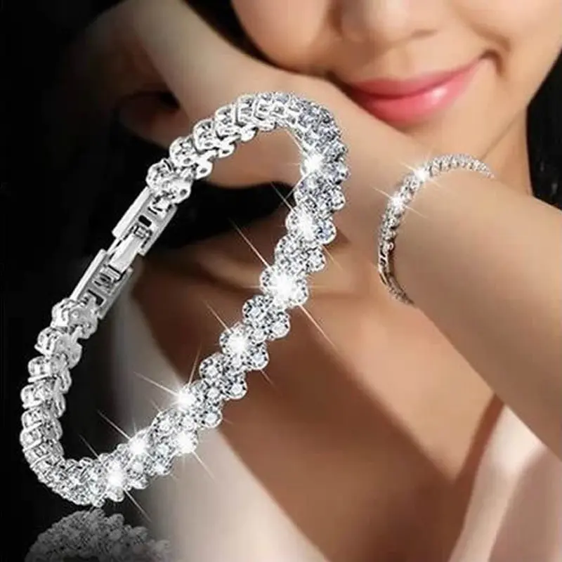 Women Heart CZ Crystal Bracelets Fashion Roman Style Crystal Bracelets 925 Sterling Silver Bangles for Gifts Accessories