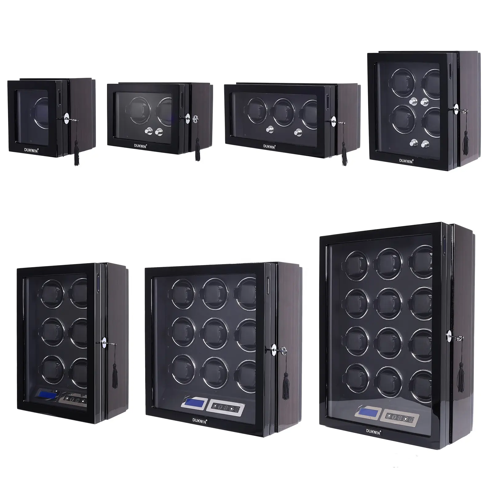 Custom Luxe 1 2 3 4 6 9 12 Slots Lcd Afstandsbediening Screen Touch Led Houten Baan Horloge Winder box Veilige Automatische