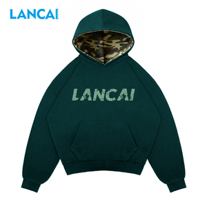 Sudadera con Capucha LANCAI para Hombre, Forro de Camuflaje, Estilo Oversize, Corte Recortado, Gruesa, Estilo Urbano, Informal, con Bolsillo Canguro - Product Image 1
