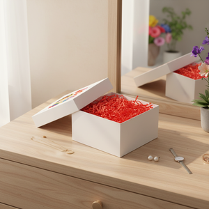 White Empty <b>Gift</b> <b>Box</b> with Colorful Flower Red Eyelashed Trim for Jewelry Storage - Product Image 3