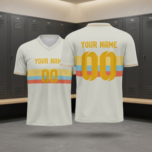 เสื้อฟุตบอลคอวีผู้ชายสีขาวลายทาง ระบายอากาศได้ดี ผลิตจากโพลีเอสเตอร์ แขนสั้น สำหรับผู้ใหญ่ ใส่ได้ทุกฤดู ทรงปกติ - Product Image 3