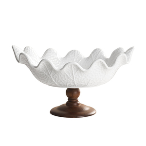 Piatto da Torta a Piedistallo a Forma di Foglia di Cavolo, Ciotola per Frutta in Porcellana <span class=keywords><strong>Bianca</strong></span> con Base in Legno, Espositore per Dessert con Rilievo a Lattuga - Product Image 5