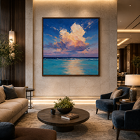 Tableau mural en toile Paysage marin bleu avec nuages rêveux et océan, artisanat en bois, option de suspension pour la décoration de villas, hôtels et complexes de luxe