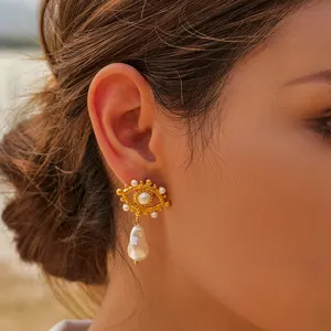 Gioielli Vintage fatti a mano orecchini di perle da donna in oro 18K placcato occhi malvagi orecchini a goccia per donna