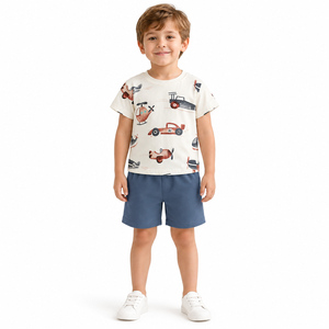 Setelan Kaos dan Celana Pendek Anak Laki-Laki Motif Transportasi, Bahan Katun Spandex, Pakaian Musim Panas Dua Potong, OEM Label Pribadi - Product Image 2