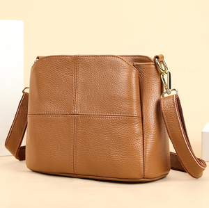Sac à bandoulière en cuir véritable pour femme, grande capacité, avec fermeture éclair, sac à main marron grainé pour le quotidien et les voyages - Product Image 6