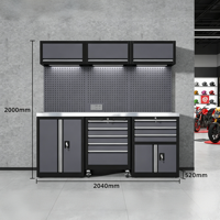 Banc de travail avec multiprise intégrée et éclairage LED, armoires suspendues, panneau perforé, ensemble d'armoires de rangement pour outils en acier inoxydable