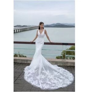 <b>White</b> Mermaid <b>Lace</b> Wedding Dress V Neck Backless Long Train Sleeveless Formal Gown For Women - Product Image 5