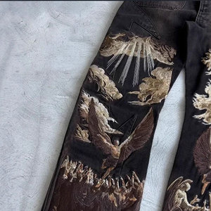 Jeans pour hommes vintage, denim ample et surdimensionné, lavage moyen, broderie florale, taille mi-haute, style droit, tricoté, hip-hop, taille mi-haute - Product Image 5