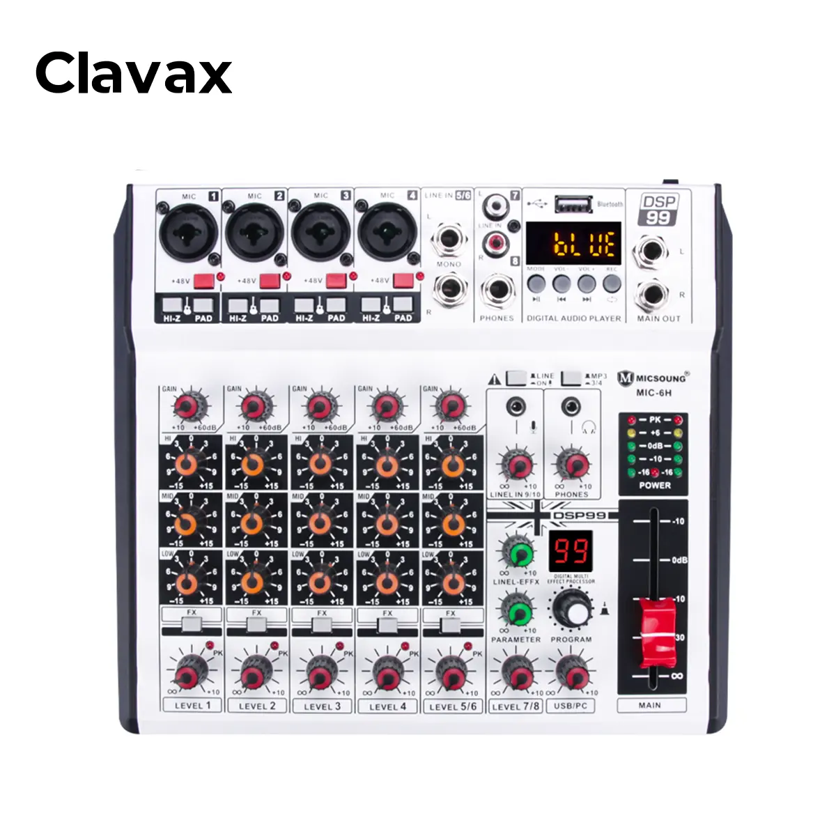 Clavax MIC-6H เครื่องมิกซ์เสียง6ช่องคอนโซลมิกซ์เสียงเครื่องควบคุมดีเจคอนโซลเครื่องเสียงสำหรับเอฟเฟกต์99 DSP ในตัว