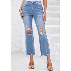 2025, pantalones vaqueros acampanados recortados de cintura alta a la moda para mujer, pantalones vaqueros con dobladillo crudo desgastados elásticos, diseño rasgado con características transpirables - Product Image 5