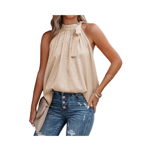 Venta al por mayor: Nuevas camisetas sin mangas de satén con lazo en el cuello, estilo dulce, 100% poliéster ecológico, cuello redondo, para verano. - Product Image 4