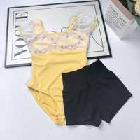 Mode filles jaune justaucorps pour Ballet danse fleur broderie haut bouffée manches courtes vêtements d'entraînement