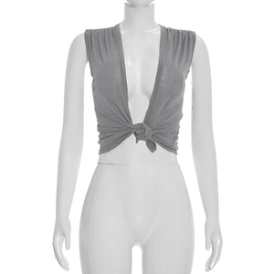 Viviblook C26TP090 Top Corto de Verano para Mujer, Sexy, Casual, Color Sólido, Corte Ajustado, Escote en V Profundo, con Nudo, para Damas - Product Image 5