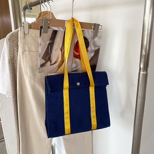 <b>Canvas</b> <b>Tote</b> Bag Blue Yellow Stripes Magnetic Buckle Medium Size Commuting Shoulder Bag Solid Color Summer 2021 - Product Image 1