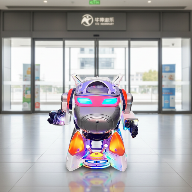 Electric Fiberglass Robot Ride on with Lifting Door Bubble Gun 360 Rotation Indoor/Outdoor Use Commercial Shopping Malls Parks