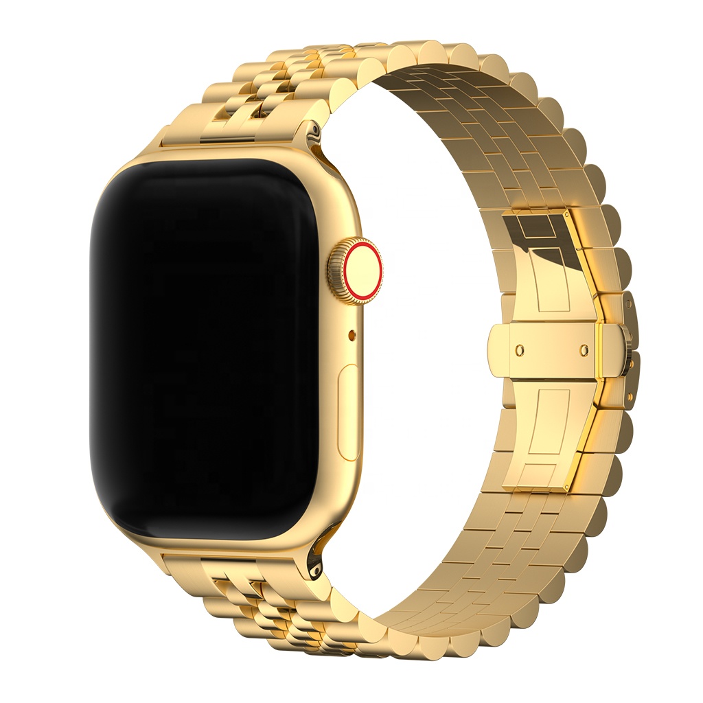 Keepwin 5 Bead Solid Jubilee Stainless Steel Strap Wrist Watch Band Butterfly Buckle Strap Bracelet for Apple IWatch 11 10 9 8 7