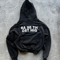 Sweat à capuche zippé en molleton bouclette personnalisé avec impression intégrale, effet délavé, motif léopard DTG, lourd, orné de strass pour homme