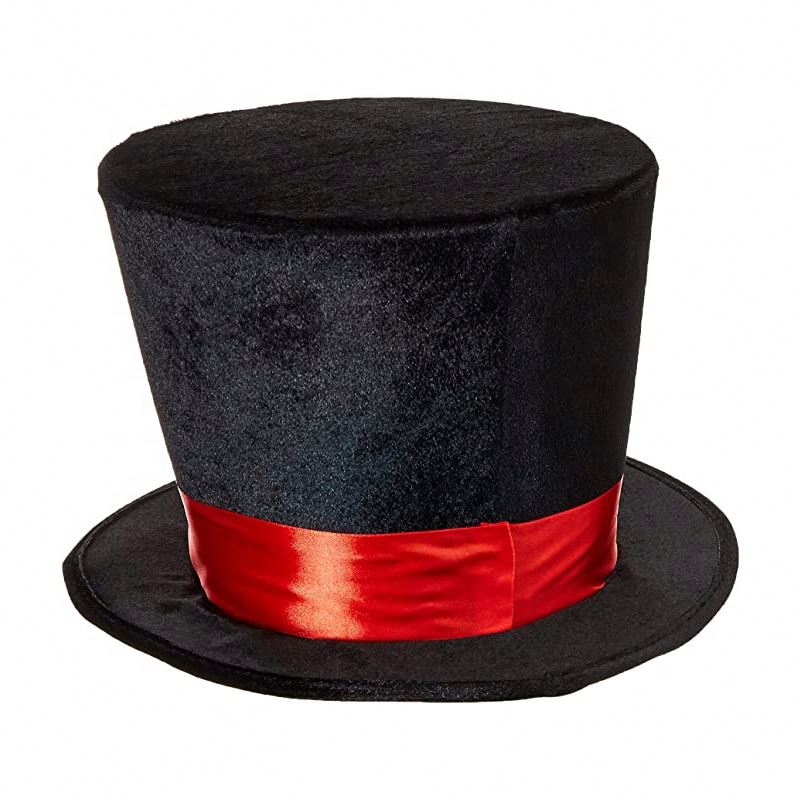 Chapeau haut de forme de fête Mad Hatter pour homme CJ-102 Chapeau de velours noir avec ruban rouge