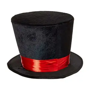 CJ-102 Men's Mad Hatter Party Top Hat Costume Hat Black Velvet With Red Ribbon