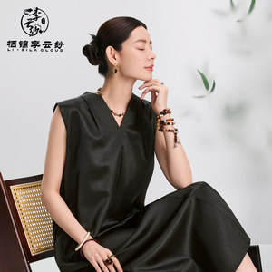 High Quality Eco-Friendly Silk V-Neck Sleeveless Twist-<b>Waist</b> Floral Natural Women's Loose Fit Asymmetric Knee-Length Dress - Product Image 3