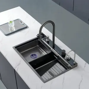 Smart Kitchen Sink With Waterfall Faucet Stainless Steel Large Single Slot Bionic Honeycomb Black Wash Basin Lavandino Cucina