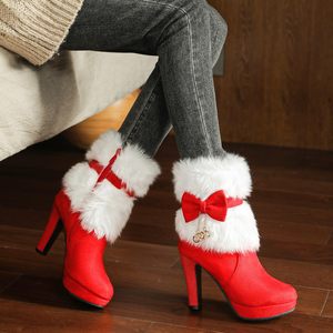 Haute qualité femmes fourrure doublé noël <span class=keywords><strong>bottines</strong></span> gros <span class=keywords><strong>talon</strong></span> haut nœud noeud fermeture éclair latérale bout rond talons hauts chaussons - Product Image 4