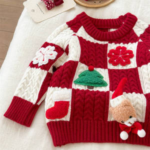 Girls Christmas Sweater Red White Checkered Thickened Cotton Round Neck Holiday Top - Product Image 1