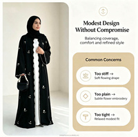 Abaya noire ouverte pour usage quotidien, en tissu Nida, avec broderie florale dispersée, bordure en dentelle festonnée, manches chauve-souris, style modeste, maxi, personnalisable
