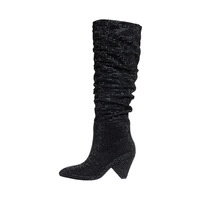 Nouvelles Bottes Hautes Femme 2026 à Bout Pointu, Entièrement Ornées de Strass, Froncées, Style Décontracté, à Enfiler, Talon Haut, Style Défilé, Chaussures pour Dames