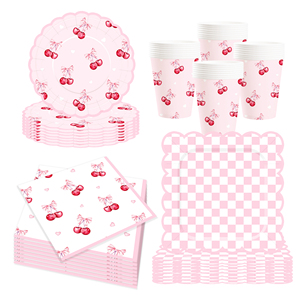 DAMAI Kids Birthday Party Supplies Square Pink White Plaid Plate With Red Cherry <b>Disposable</b> <b>Tableware</b> Paper Napkins Cups Plates - Product Image 5
