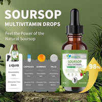 Gouttes liquides multivitaminées naturelles de corossol OEM sous marque privée, 60 ml, flacon compte-gouttes en verre ambré, complément alimentaire imprimé sur mesure