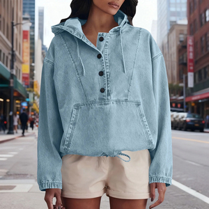 Sudadera con Capucha de Estilo Denim para Mujer, Tejida, ODM, con Logotipo Frontal, Ropa Urbana Cómoda para Primavera, Otoño e Invierno - Product Image 5
