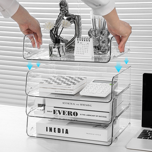 thumbnail image 2 of Transparent Desktop File Tray Organizer A4 Document Paper Organizer Rack Book Shelf Storage Holder Office Stationery Storage Box 2 of 9