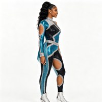 Tenue de majorette prête pour la scène - Combinaison métallique brillante bleu sarcelle et noir avec franges en strass, confortable et souple pour les équipes de danse