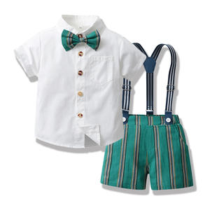 Conjunto de ropa de estilo moderno transfronterizo para niños mayores, <span class=keywords><strong>Camisa</strong></span> de algodón con lazo de manga corta de verano, conjunto de pantalones cortos a rayas con <span class=keywords><strong>tirantes</strong></span> - Product Image 5