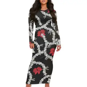 Zwart En Wit Patroon Custom Polynesische 2024 Plus Size Dames Jurken Ronde Hals Lange Mouw Bodycon Jurk Maxi Jurk