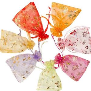 Bolsitas de Organza con Estampado de Bauhinia y Cordón, Bolsas de Regalo Navideñas Personalizadas con Lámina Dorada para Dulces y Regalos Festivos - Product Image 1