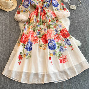 Nouvelle robe longue à col en <span class=keywords><strong>V</strong></span> et manches lanternes, série rétro à fleurs, taille cintrée, robe élégante pour fille, robe vintage, 2025 - Product Image 5