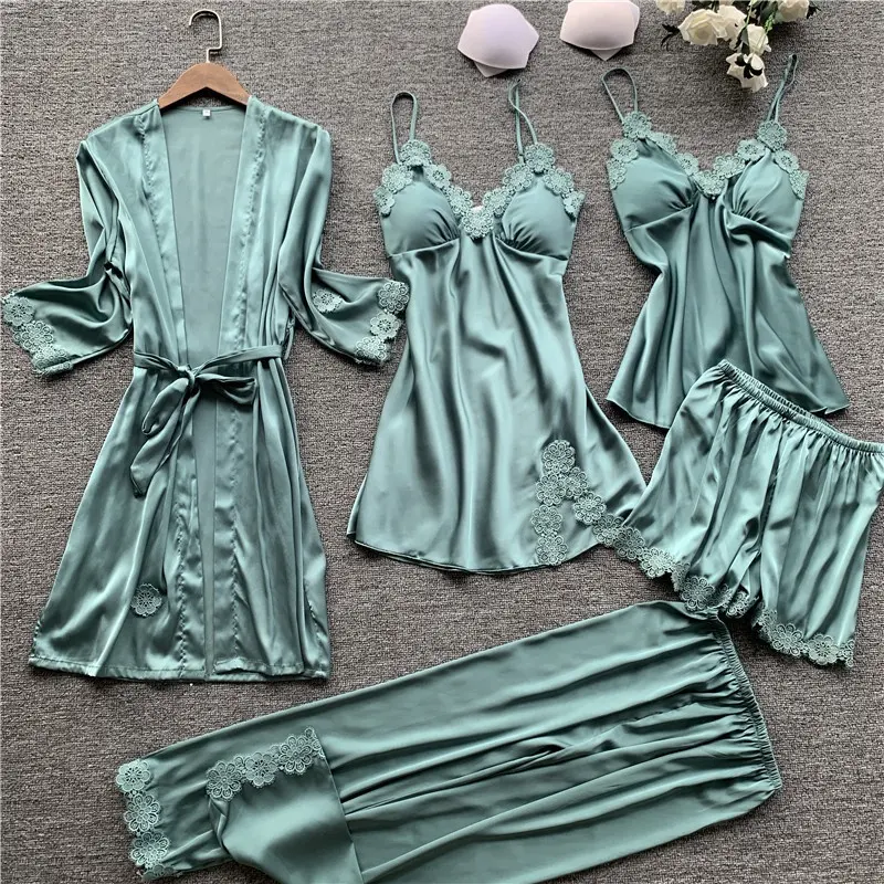 2021 wholesale solid color thin robe sets women 5 piece satin pyjamas with lace