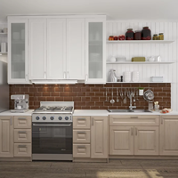Ensemble d'armoires de cuisine rétro bicolore en bois de bouleau massif avec comptoir en quartz, meuble de rangement inférieur blanc à grain de bois, îlot central