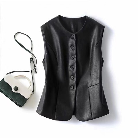 Wholesale Women Sleeveless Leather Jacket Fashionable Leather Waistcoat Black Simple Leather Slimming Vest