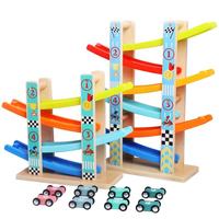 Train en bois à 7 couches, jouet glisseur de voiture, moteur Skill du développement des enfants en bas âge, rampe de course, 4 Mini faire maquettes