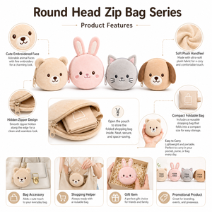 Porte-monnaie zippé en peluche à tête ronde, pochette animal en peluche avec sac de courses pliable – Ours, Lapin, Chat, <span class=keywords><strong>Chiot</strong></span> - Product Image 6