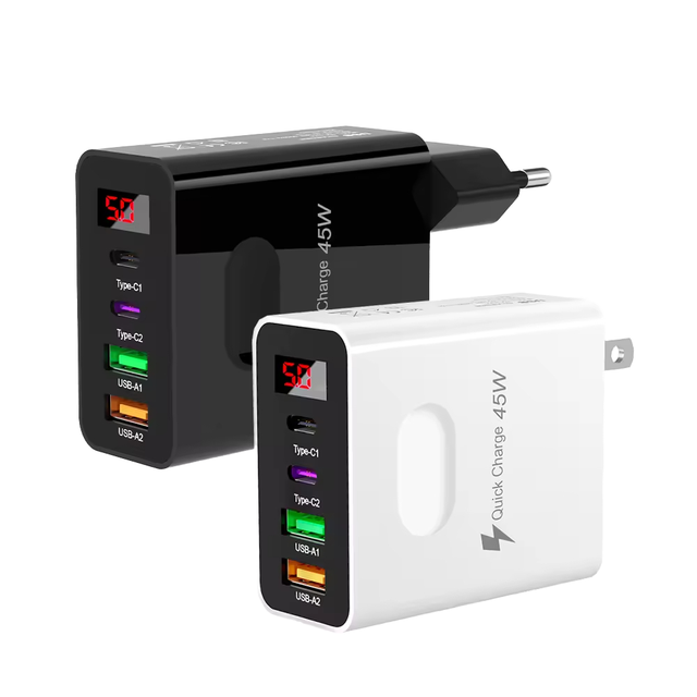 Portable OEM 45W USB-C 4-Port Quick Power Adapter Charger Cell Phone Laptop Charger PD 3.0 for US EU UK Travel Adapters with LED