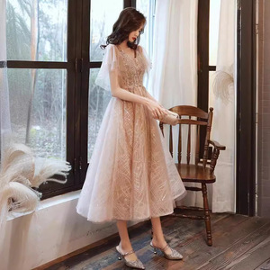 Champagne Evening Gown Women V-Neck A-Line Chiffon Empire Waist Long Dress For Party Birthday Elegant Socialite Style - Product Image 2