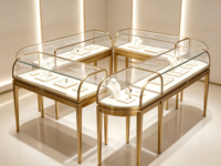 Comptoir de présentation de bijoux en verre incurvé de luxe, pieds en métal doré brossé, logo personnalisé, éclairage LED, vitrine de vente au détail pour centre commercial