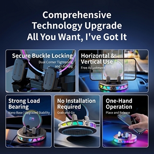 Supporto per Telefono da Auto con Ventosa Regolabile, Morsetto Elettrico Automatico, Blocco con Un Solo Tasto, Luce RGB, Anti-Vibrazione, per Cruscotto - Product Image 6