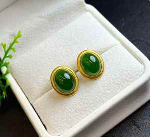 SGARIT – boucles d'oreilles en jade naturel, bijoux en or massif 18 carats, vert, taille 8x10mm, bijoux de luxe en jade, pour fête de fiançailles, pour femmes - Product Image 4