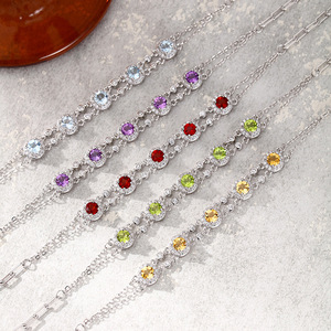 Pulsera de Cadena con Piedras Naturales Redondas de 4mm, Estilo Halo, Plata de Ley 925, Bañada en Oro Blanco, Joyería de Uso Diario para Mujer - Product Image 3